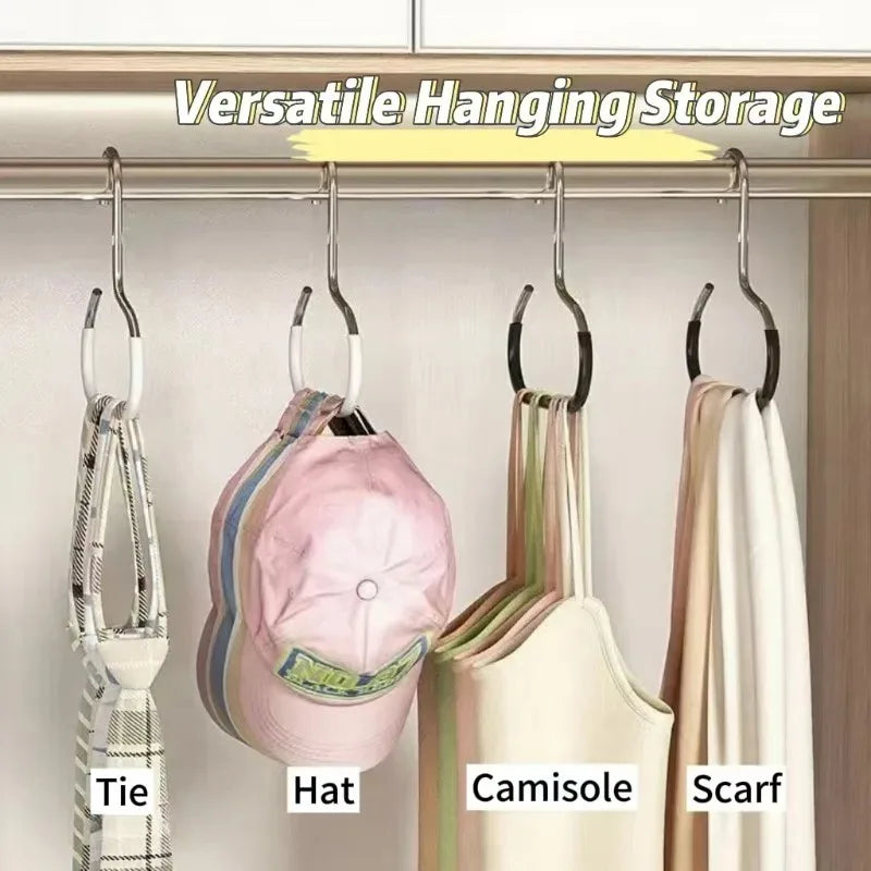 Versatile hanging storage rack displaying a tie, hat, camisole, and scarf on a closet rod.