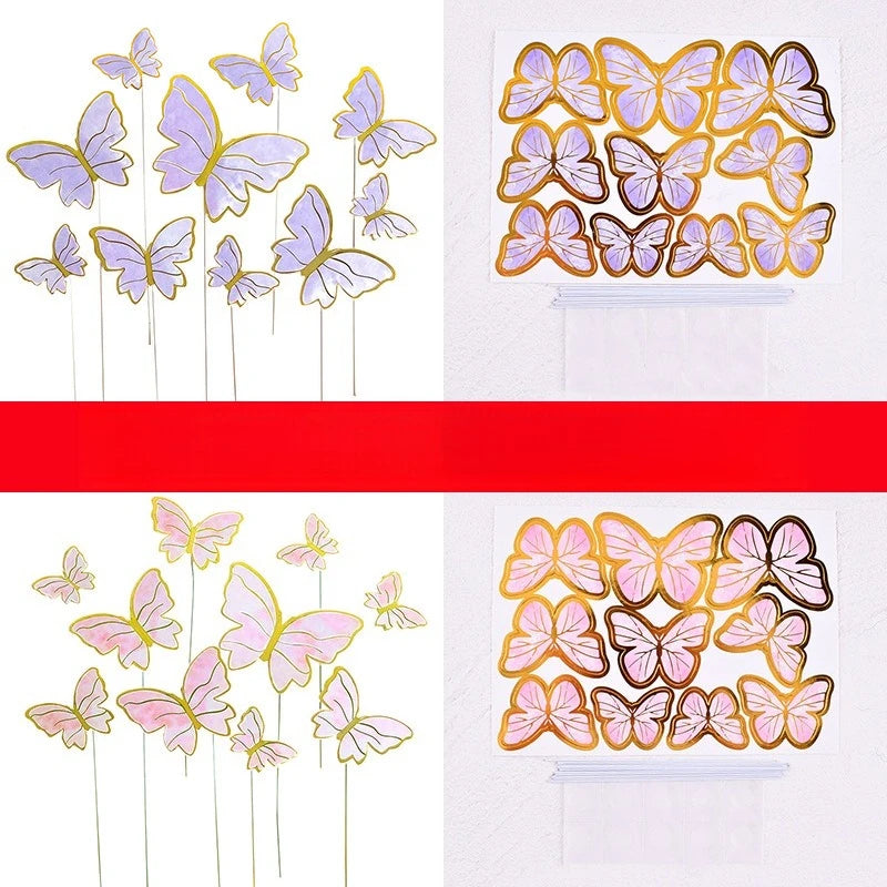 Set of elegant paper butterfly cake toppers in purple and gold colors.