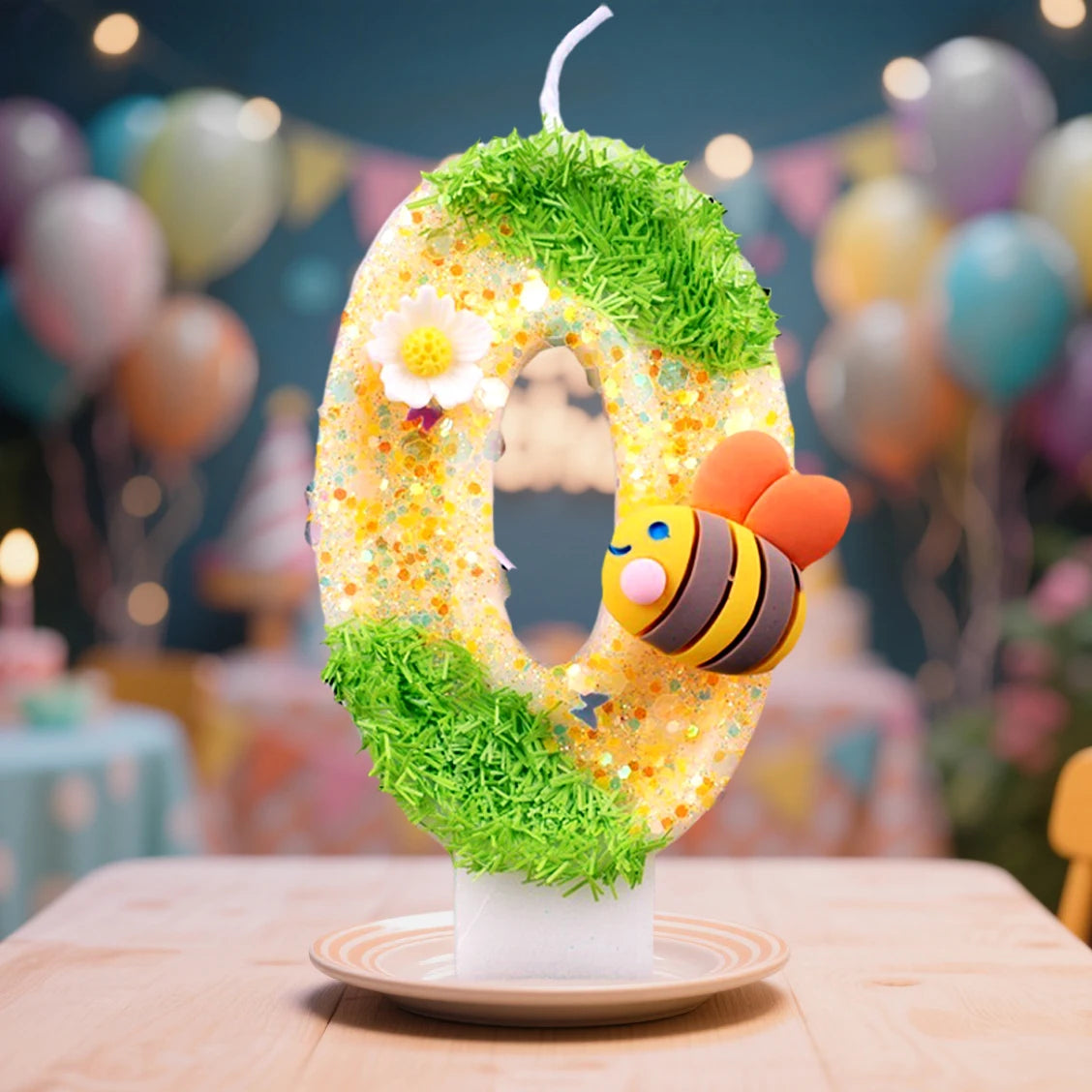 A decorative candle shaped like the number 0, covered in yellow and green frosting and surrounded by balloons.