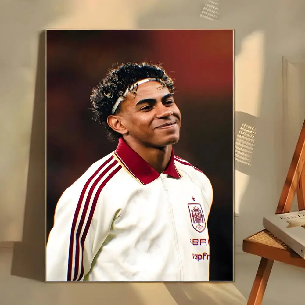 A portrait of Lamine Yamal in a white and red soccer jersey, displayed as modern wall art.