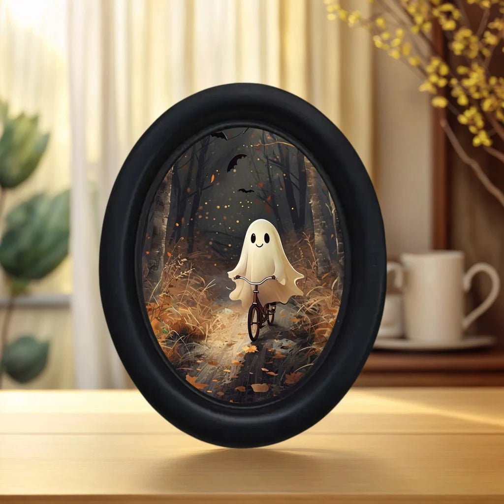 Oval framed wall art depicting a white ghost riding a bicycle through an autumn forest scene