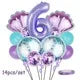 A set of 14 mermaid-themed balloons in shades of purple and teal.