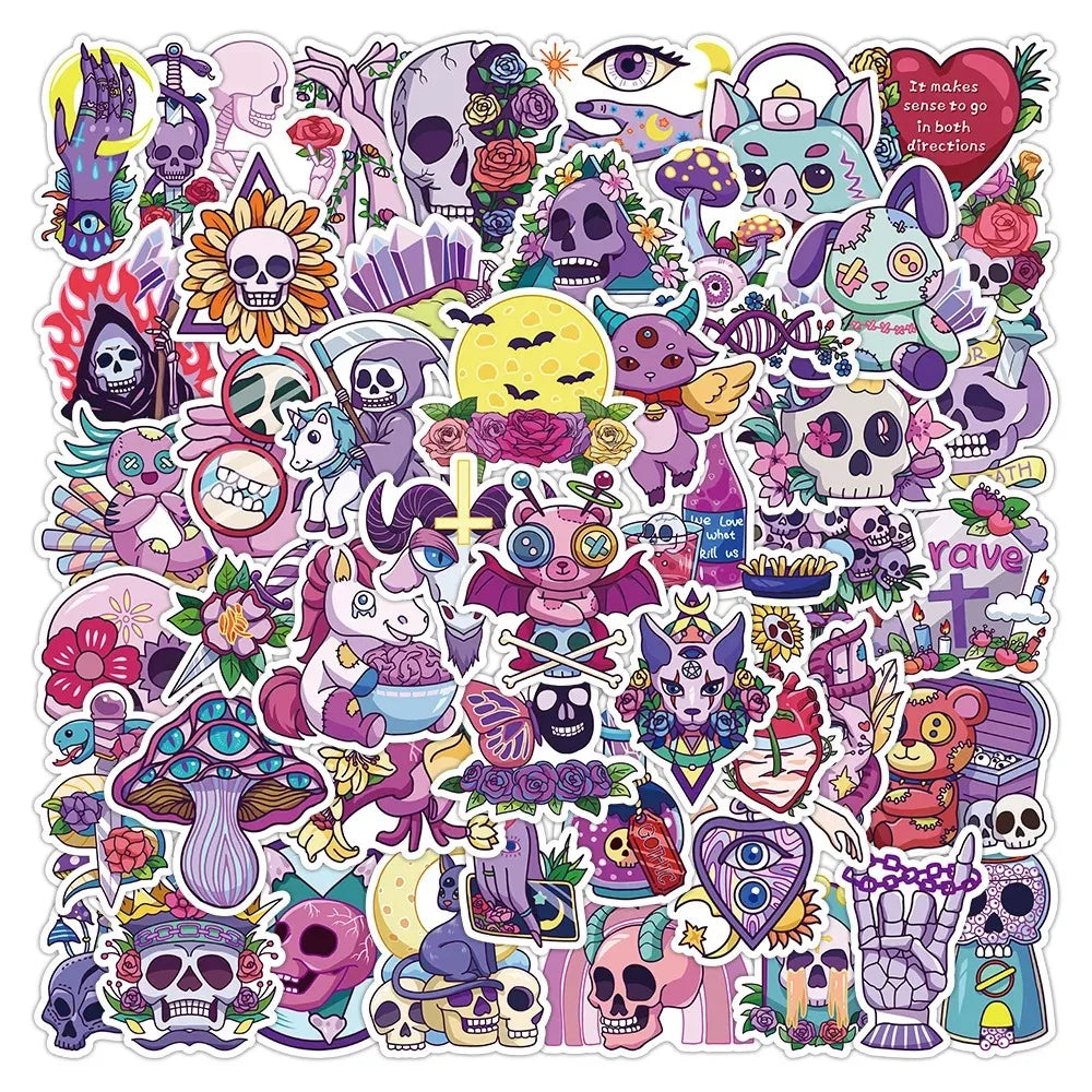A colorful sticker pack featuring various skulls, monsters, and Halloween-themed characters for decoration.