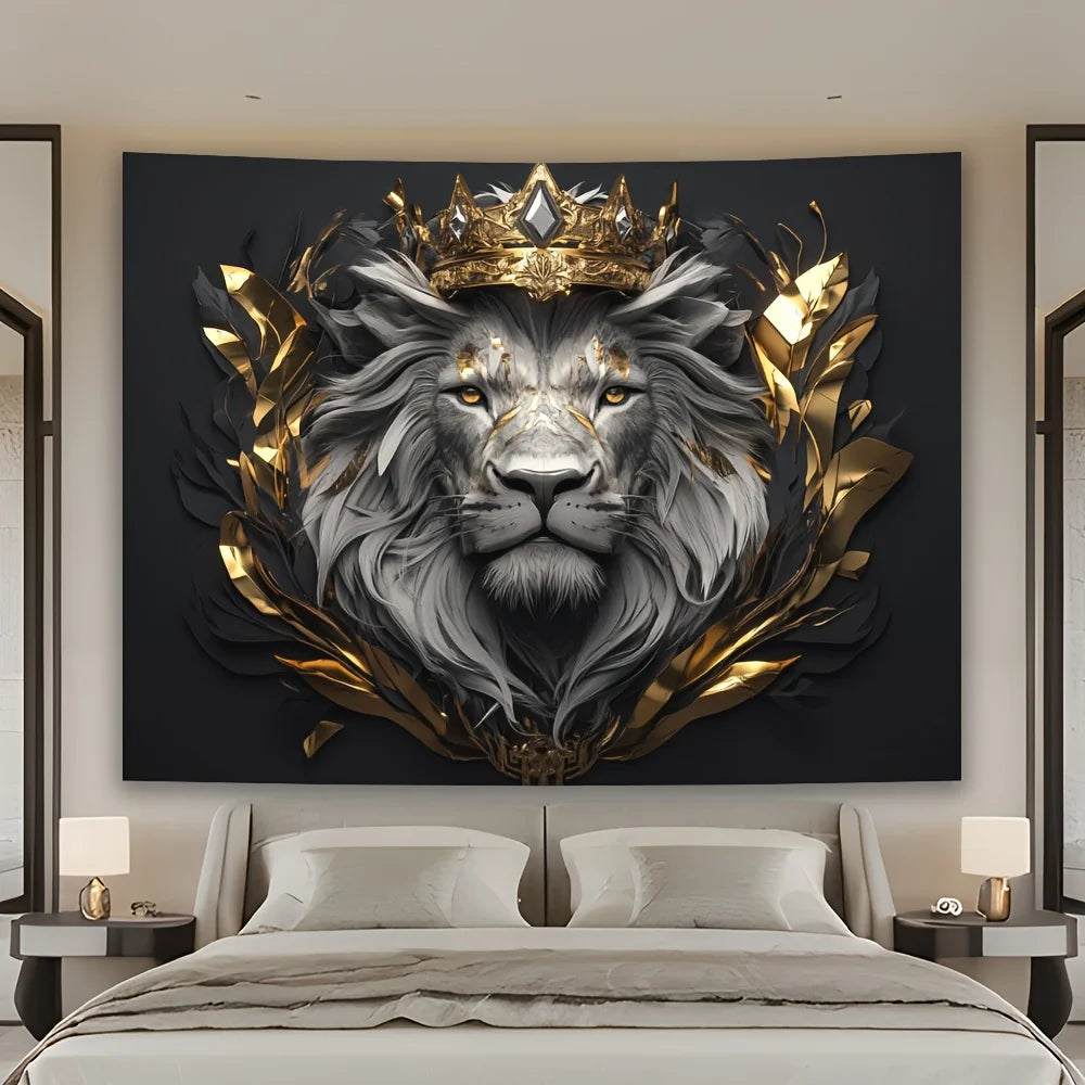 Regal Lion Crown Tapestry Wall Hanging — Vintage Black & Gold Decor