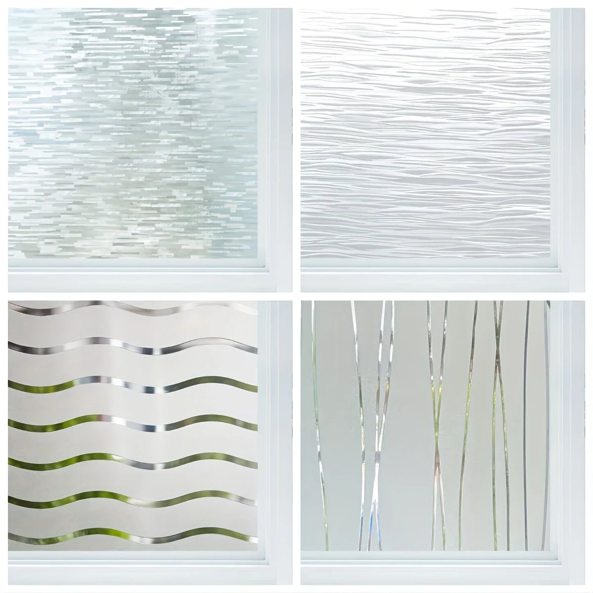 Close-up view of various frosted glass window privacy films showing different textures and patterns.
