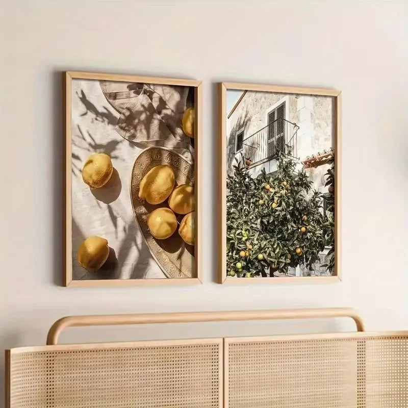Framed canvas wall art featuring olive fruit and foliage against a light background.