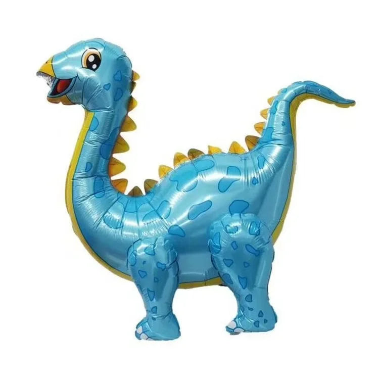 A blue inflatable dinosaur balloon decoration with a textured skin and sharp teeth.
