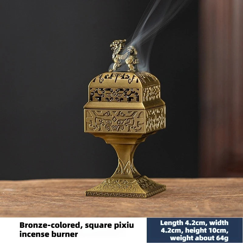Bronze square pixiu incense burner with a figurine emitting smoke