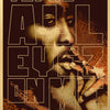 A vintage-style poster featuring a close-up portrait of Tupac Shakur in sepia tones.