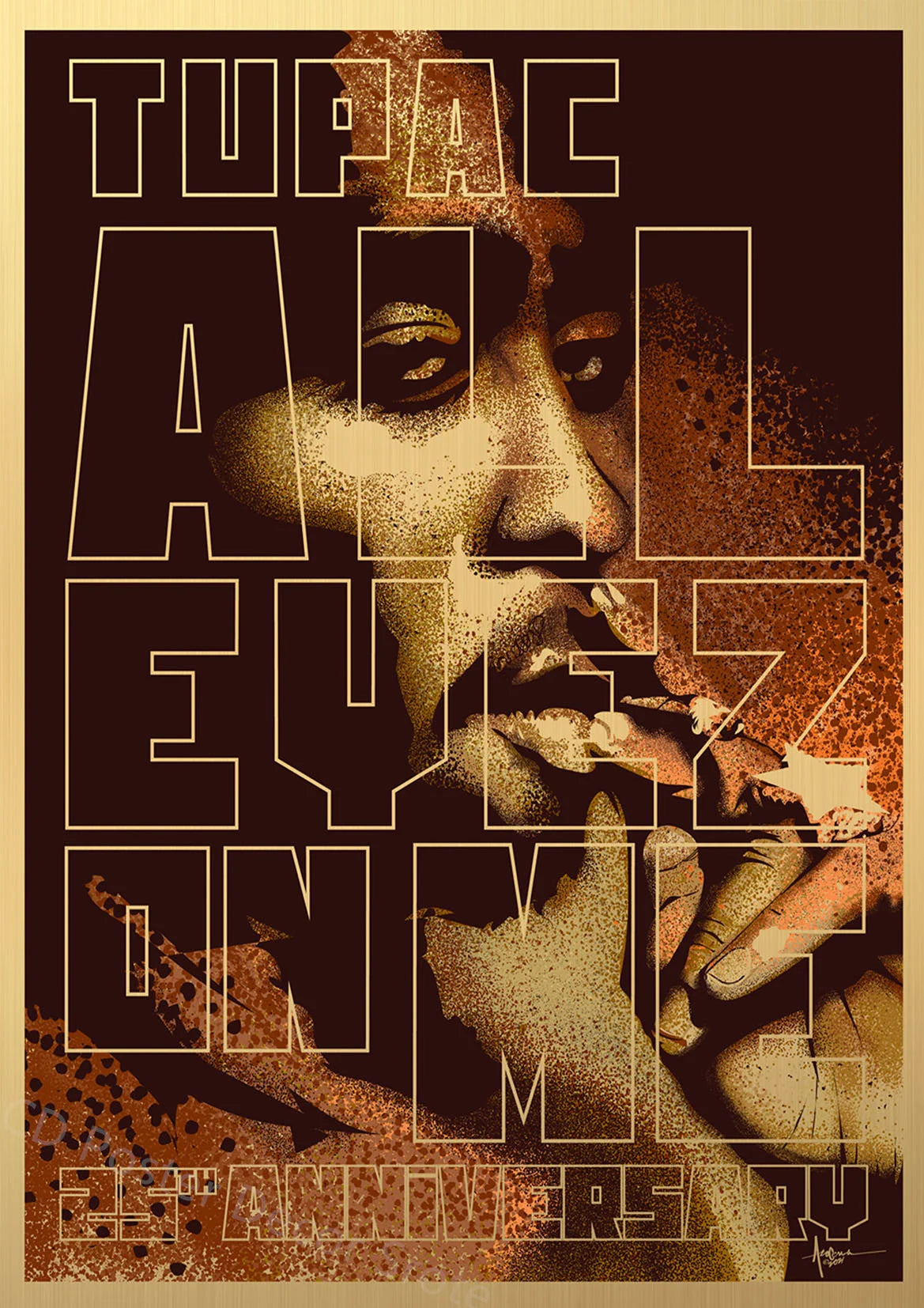 A vintage-style poster featuring a close-up portrait of Tupac Shakur in sepia tones.