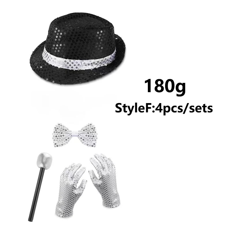 A black sequin disco hat, tie, and sparkly silver gloves are displayed on a white background.