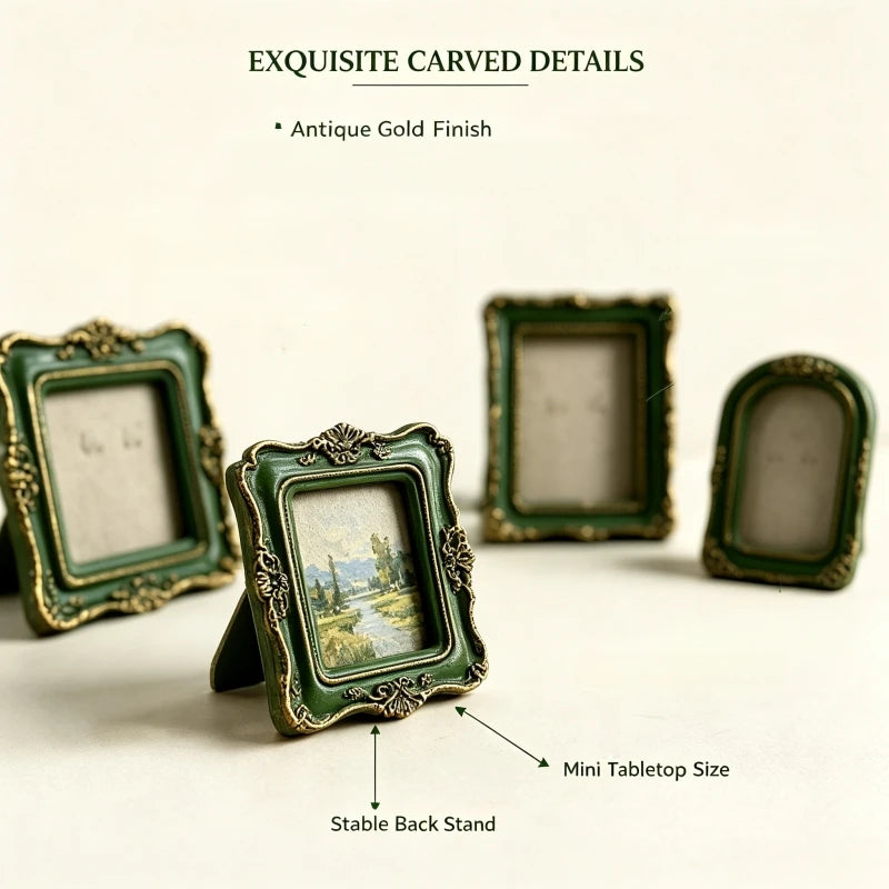 Antique gold finish resin picture frame with carved details, displayed on a white surface.