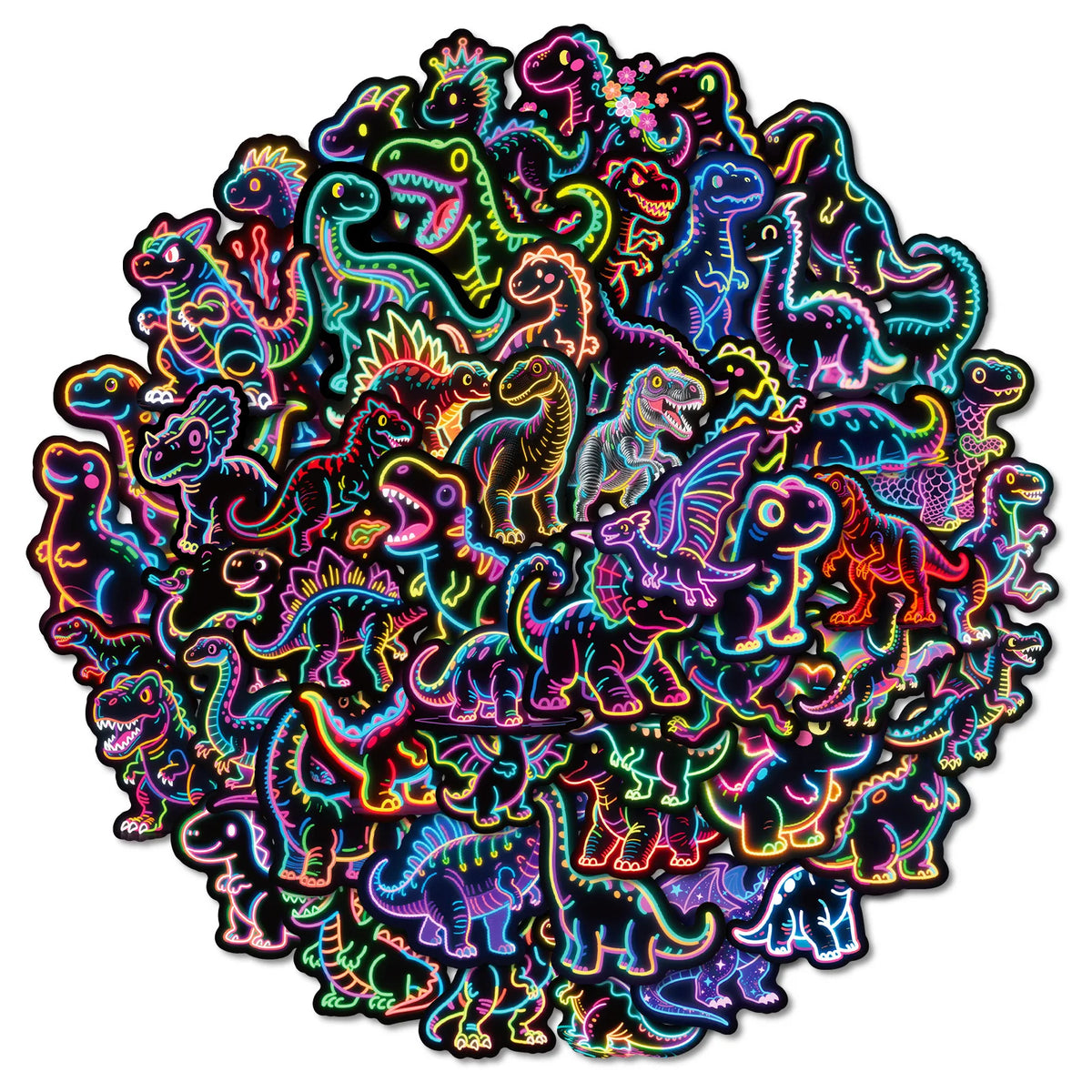 Un ensemble coloré d'autocollants de graffitis représentant divers dinosaures et animaux.