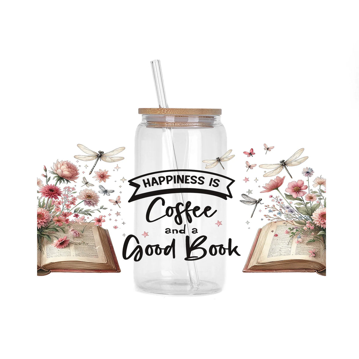 A glass jar filled with coffee and a book surrounded by floral and insect decorative stickers