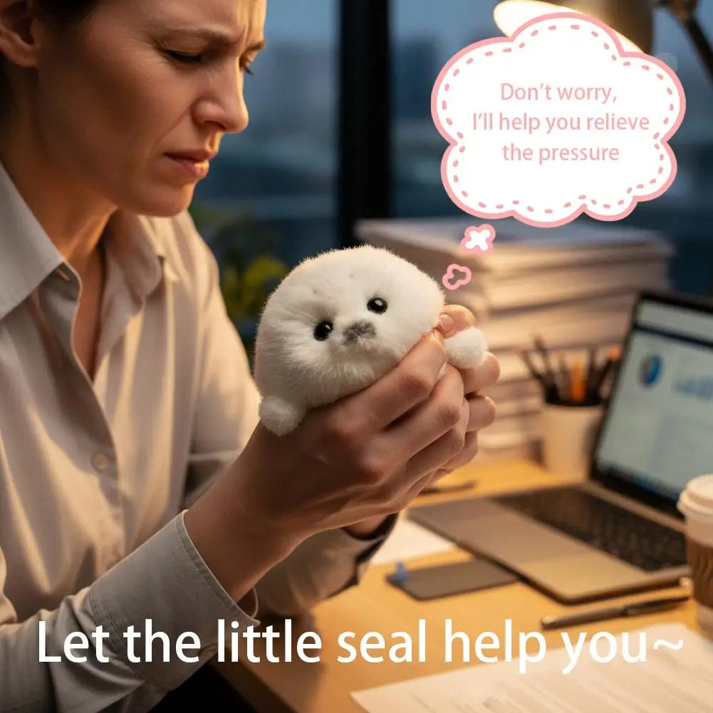 A woman holds a cute white seal plush toy, offering relief to pressure.