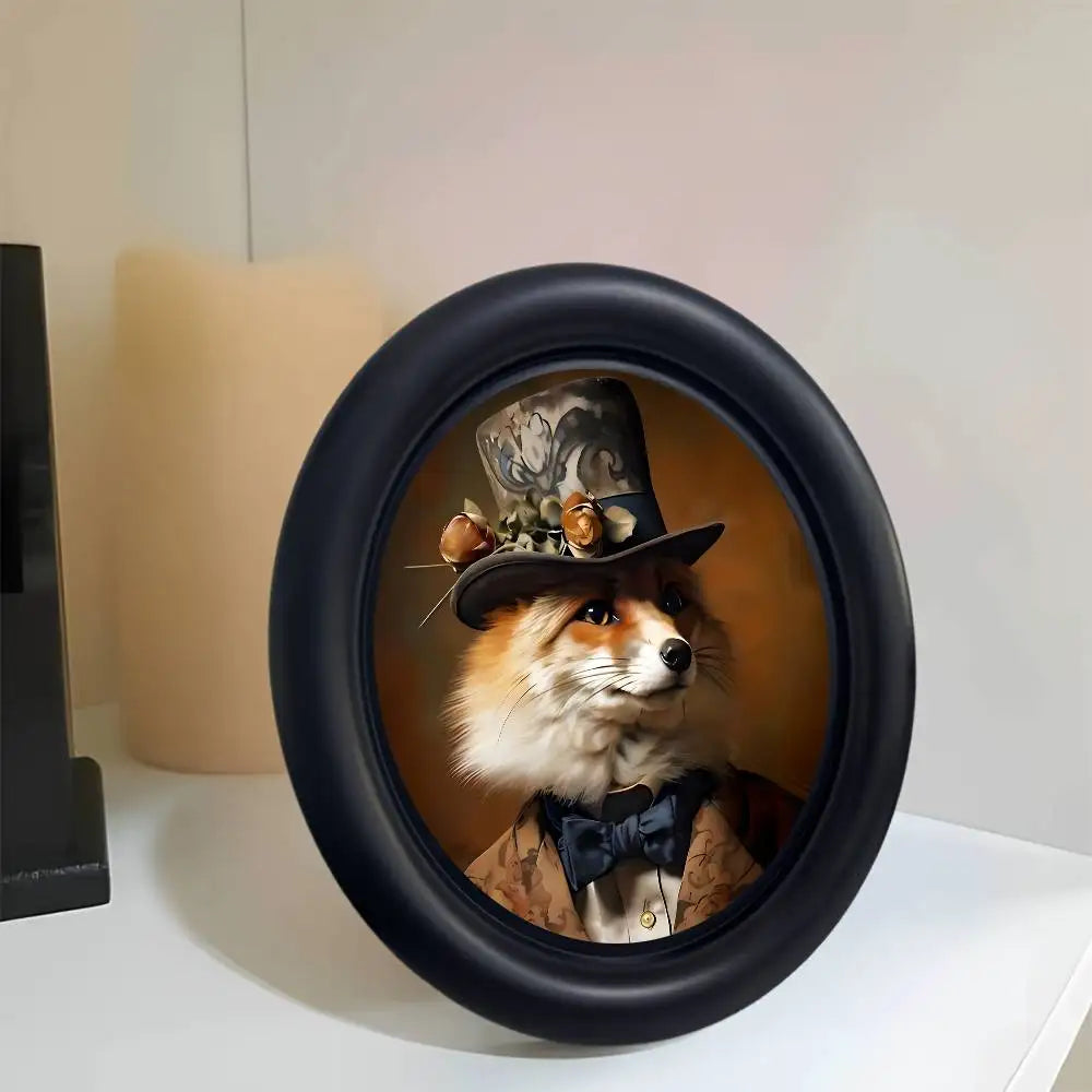 A round black photo frame holds a portrait of a fox wearing a hat and bow tie.