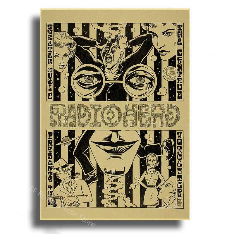 Retro music album art poster featuring stylized portraits and geometric patterns in black and white tones.