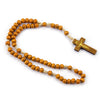 A wooden rosary beads necklace featuring a crucifix pendant.