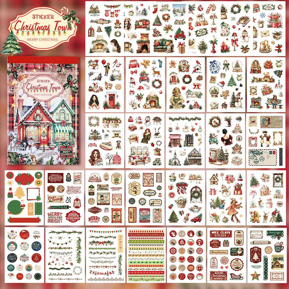 Große Sammlung festlicher Weihnachtssticker mit Themen wie Ornamente, Bäume, Geschenke und saisonale Dekoration
