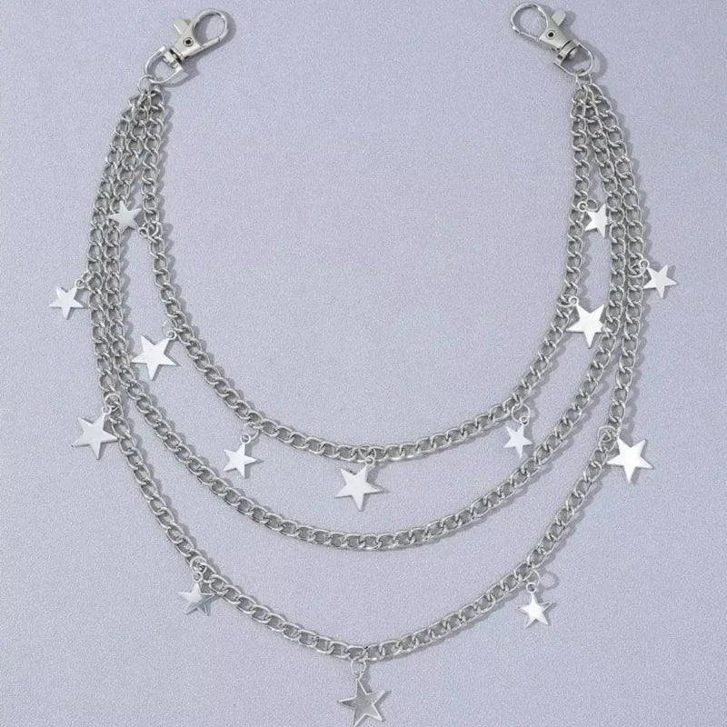 Silver Y2K star charm layered belt necklace with a pendant