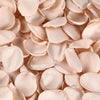 A close-up view of light pink silk rose petals scattered on a surface.