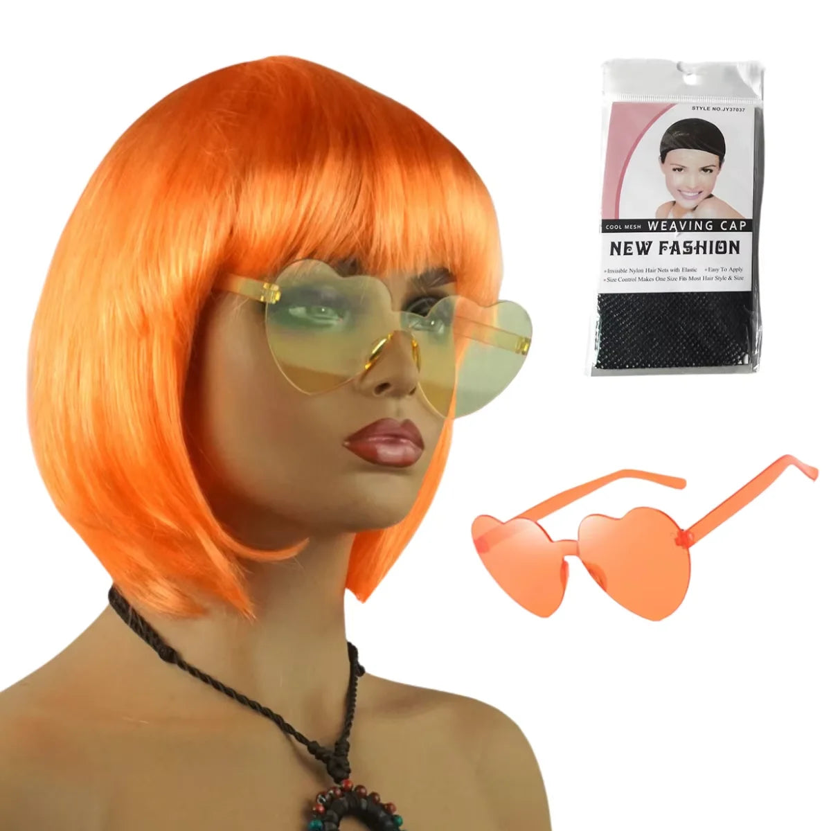 Orange bob short hair wig displayed on a mannequin with a package of weaving cap and sunglasses nearby