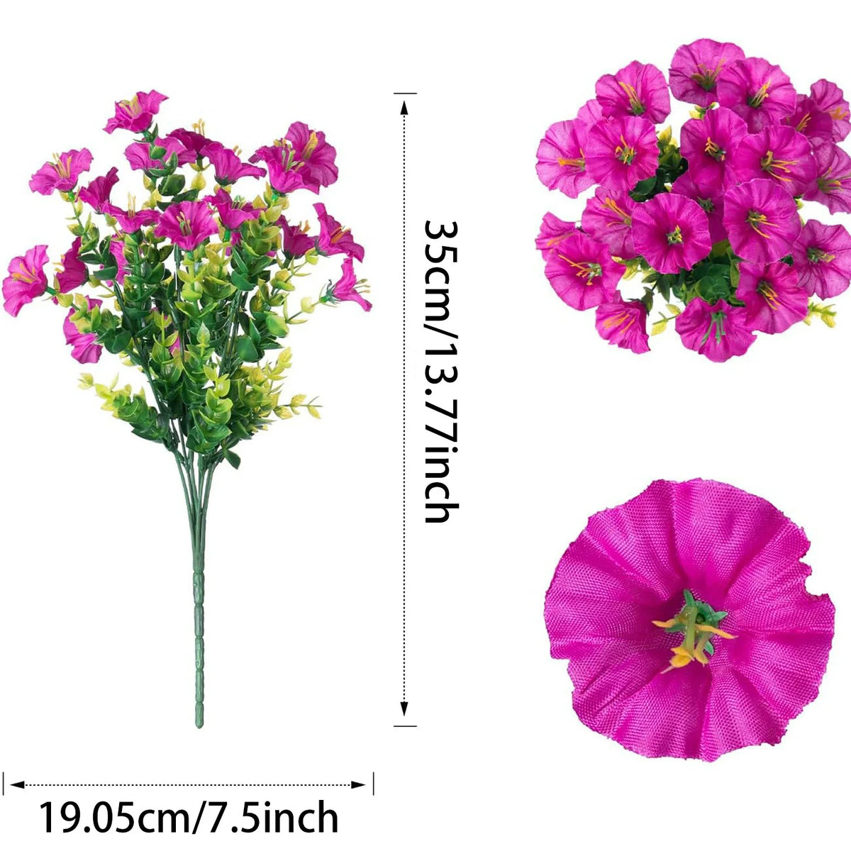 A bunch of vibrant pink and purple artificial flowers, including eucalyptus and morning glory varieties.