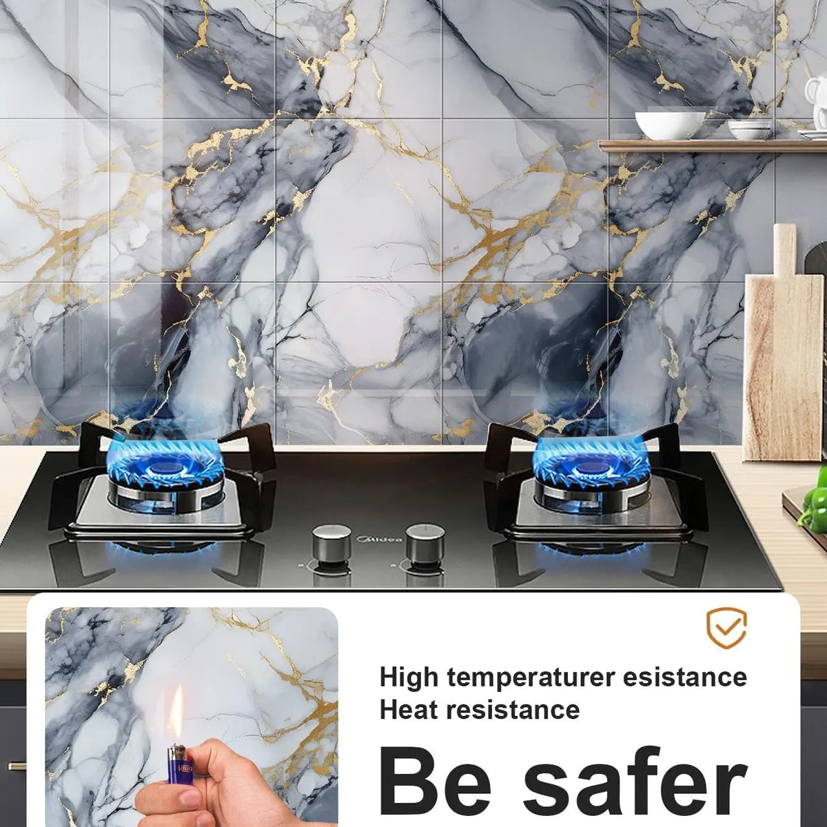 Black induction cooktop with blue flame display set against a marble wall background.