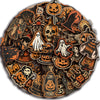A circular arrangement of retro graffiti aesthetic stickers featuring Halloween and spooky themes on a dark background