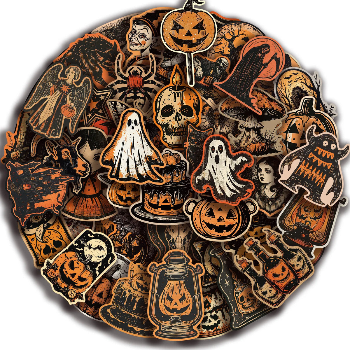 A circular arrangement of retro graffiti aesthetic stickers featuring Halloween and spooky themes on a dark background