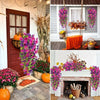 Artificial morning glory hanging flowers in purple and pink cascade over a white window and brick fireplace