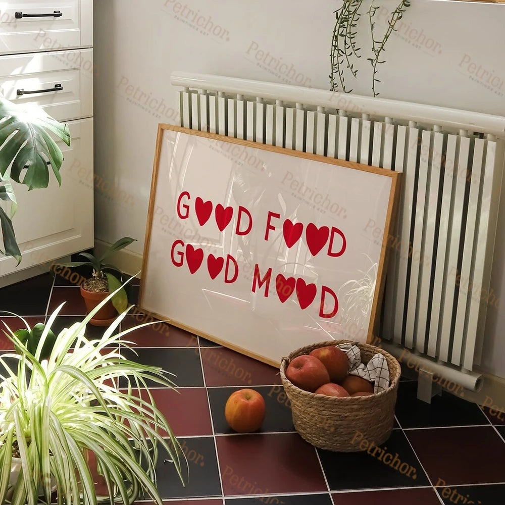 Minimalist chef heart canvas wall art featuring red hearts on a white background displayed above a radiator.