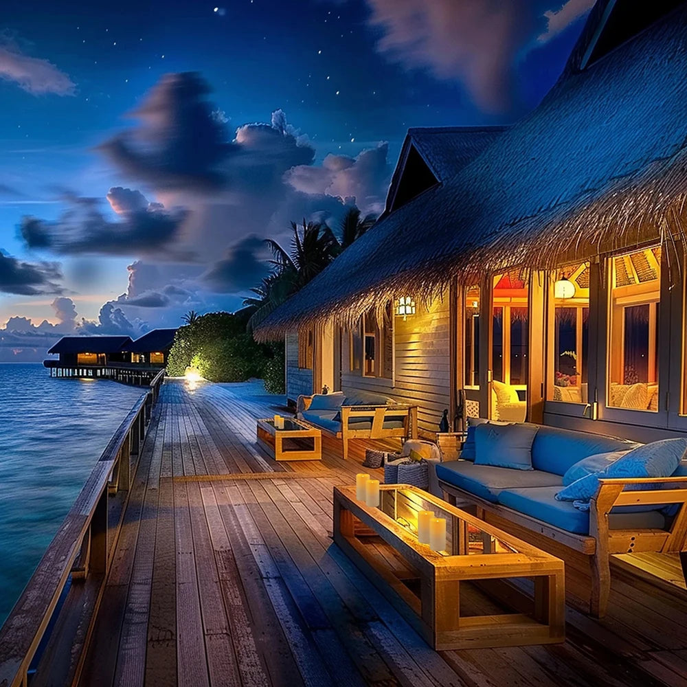 A wooden deck with outdoor furniture and illuminated by flameless LED candles at twilight.