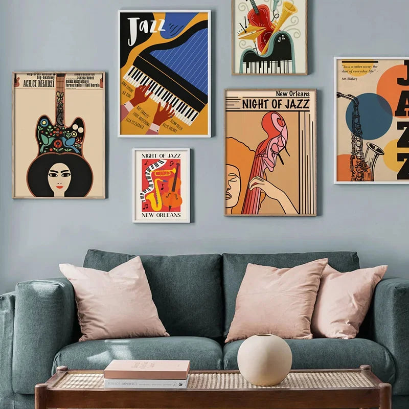 A gallery wall featuring abstract paintings of a guitar, cello, and piano on a gray wall above a sofa.