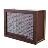A wooden piggy bank with various denominations of Euro coins visible inside.