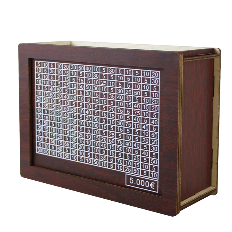 A wooden piggy bank with various denominations of Euro coins visible inside.