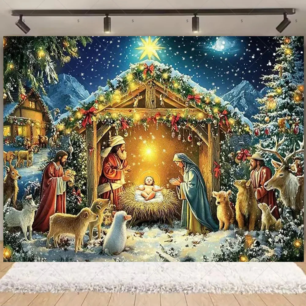 Starry Night Nativity Scene Backdrop for Christmas Celebrations