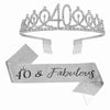 Silver rhinestone birthday crown and glitter sash set with a 40th celebration banner