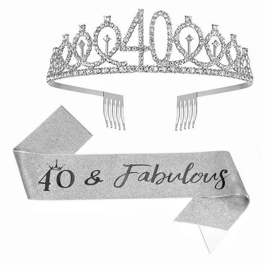 Silver rhinestone birthday crown and glitter sash set with a 40th celebration banner