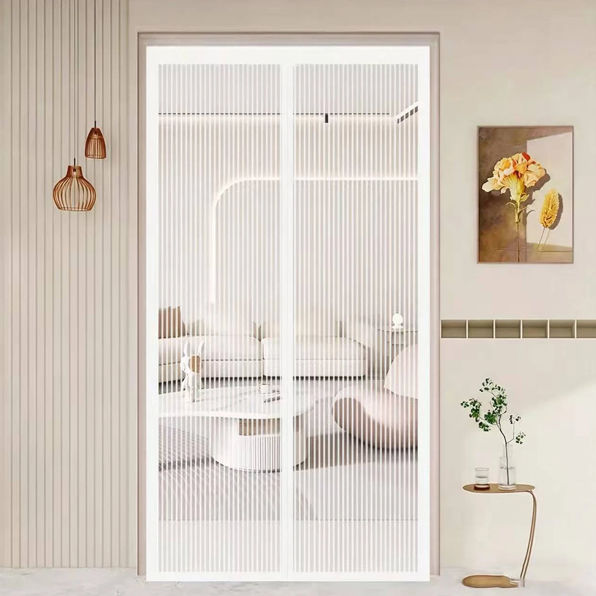 A white magnetic automatic screen door curtain installed in a light-colored wall, showing an interior room view.