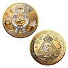 A commemorative gold coin featuring an eye motif, abundance symbols, and the text Money Flows To Me.