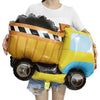 A large construction truck shaped foil balloon in yellow and black stripes, held by a person.