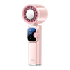 A pink handheld ice fan with a circular grille and a digital display showing 19.9 degrees.