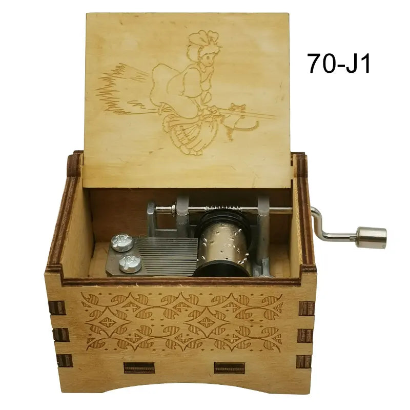 A wooden music box featuring an illustrated figure and a decorative panel.