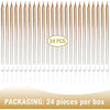 A row of 24 thin, light brown birthday candles packaged for sale.