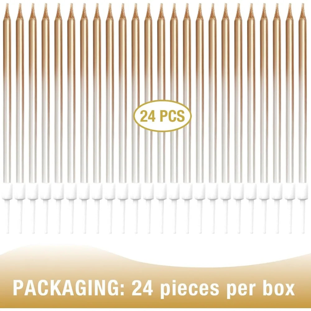 A row of 24 thin, light brown birthday candles packaged for sale.