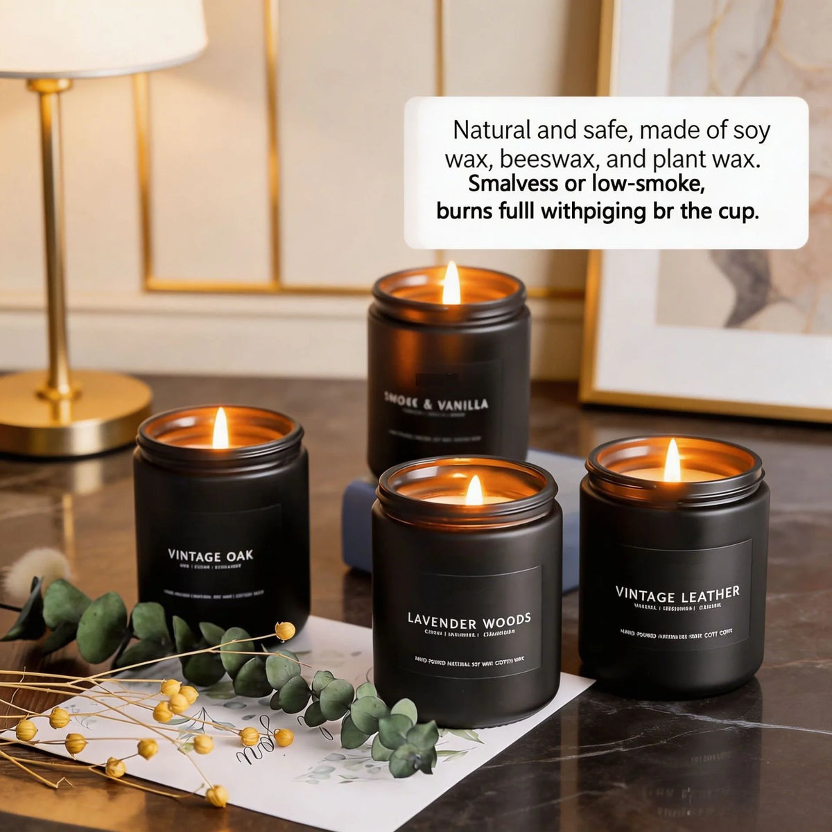 A set of three dark-colored soy wax candles with natural scents like smoke and vanilla, lavender woods, and vintage leather.