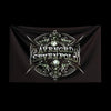 A dark tapestry featuring a skull and ornate text that reads AVENGED SEVENFOLD in a gothic style.