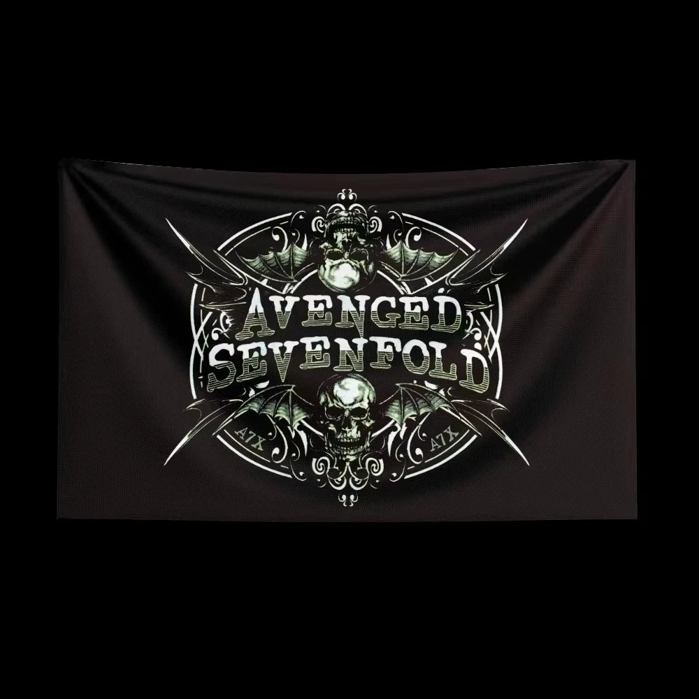 A dark tapestry featuring a skull and ornate text that reads AVENGED SEVENFOLD in a gothic style.