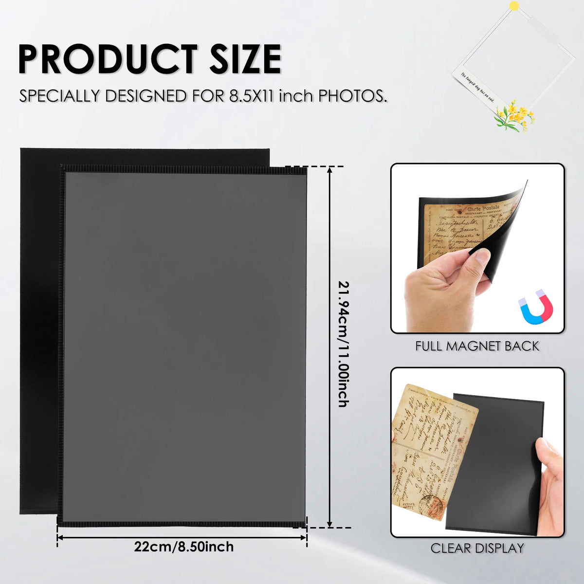 A black magnetic picture frame designed for 8.5x11 inch photos, showing a clear display and full magnet back.